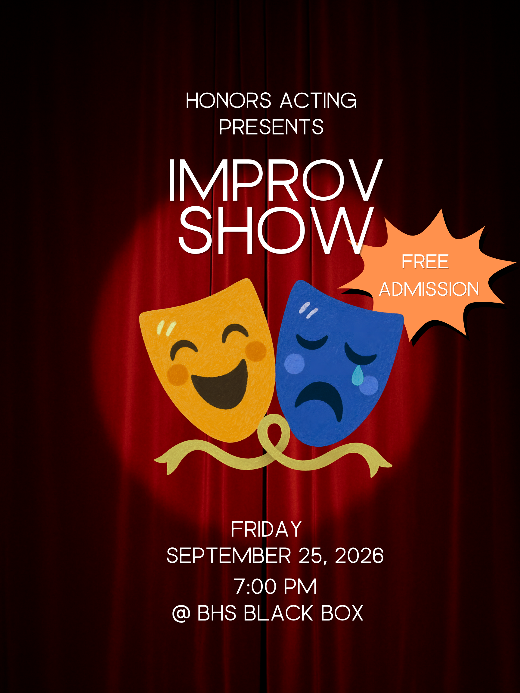 Production poster for Improv Show: graphic has the background of red curtains and a spotlight on the words "Improv Show"